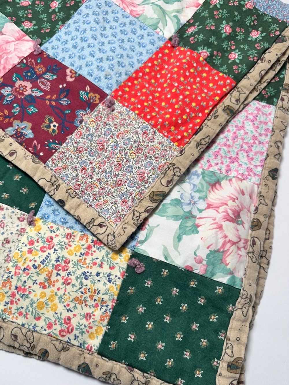 Vintage Handmade Patchwork Baby Quilt | Floral Cottagecore | 39x37 Crib Blanket